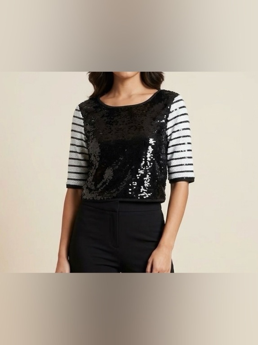 Zara Black Sequin Crop Top Striped Sleeve Blouse Women Size L Party Concert Glam